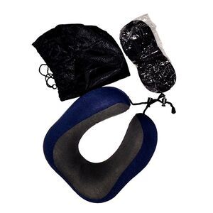 Travel Neck Pillow Memory Foam W/ Eye Mask & Ear Plugs Blue